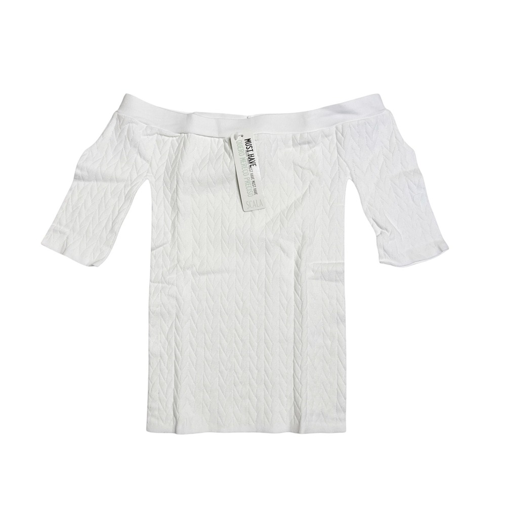 Scala Off Shoulder Textured Knit Top White One Size‎ NWT
